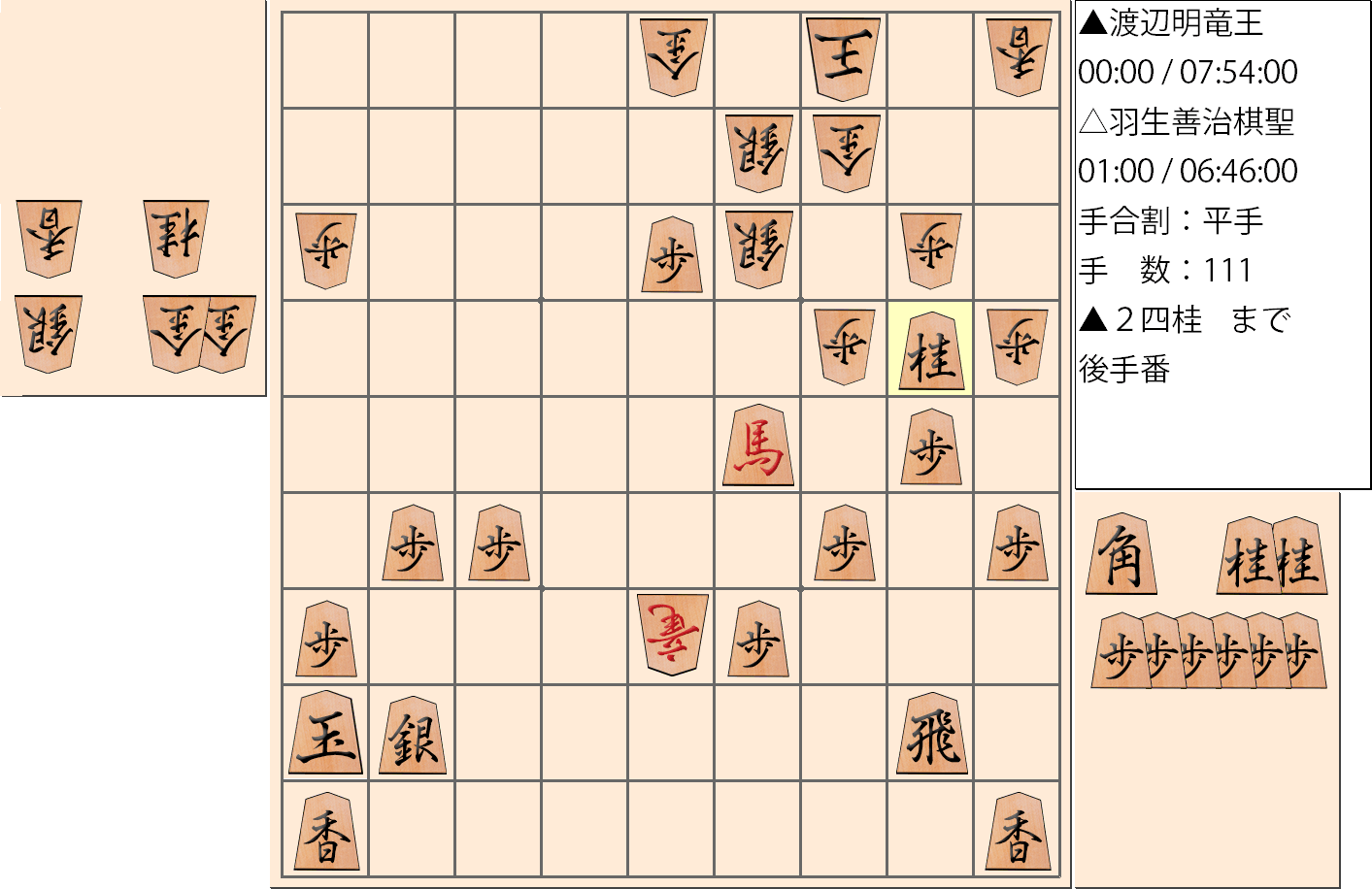 【将棋】第30期竜王戦七番勝負 第2局 渡辺明 竜王 対 羽生善治 棋聖の対局で111手指した局面