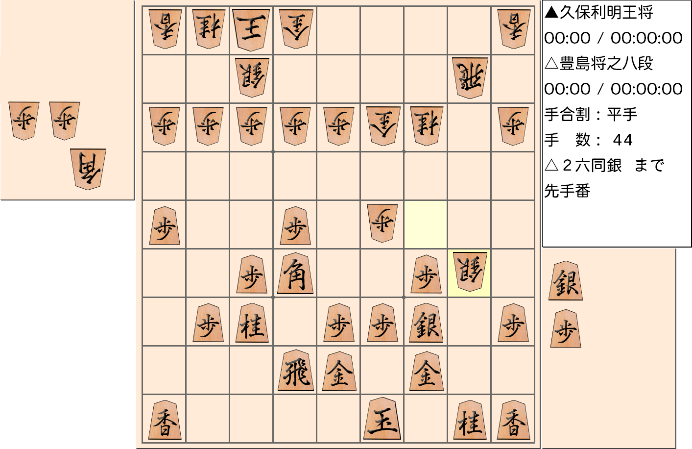 【将棋】第67期王将戦七番勝負 第１局 久保利明 王将 対 豊島将之 八段の対局で44手指した局面