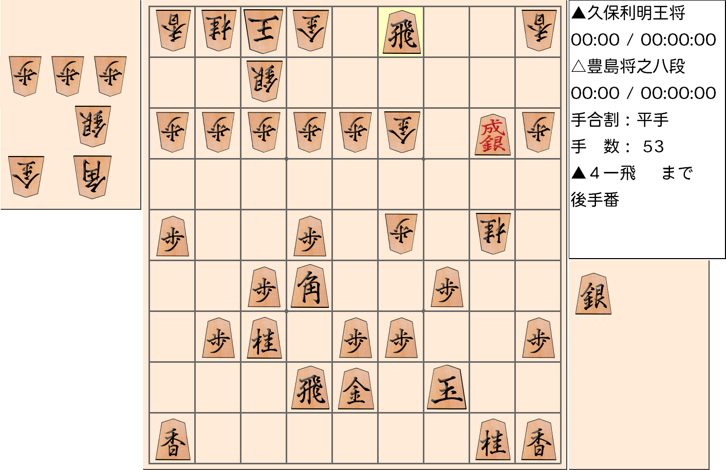 【将棋】第67期王将戦七番勝負 第１局 久保利明 王将 対 豊島将之 八段の対局で53手指した局面