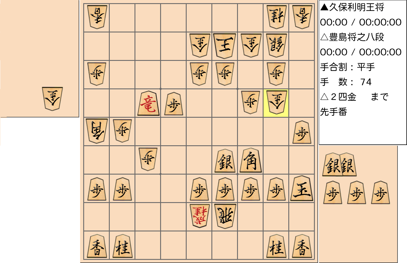 【将棋】第67期王将戦七番勝負 第5局 久保利明 王将 対 豊島将之 八段の対局で74手指した局面