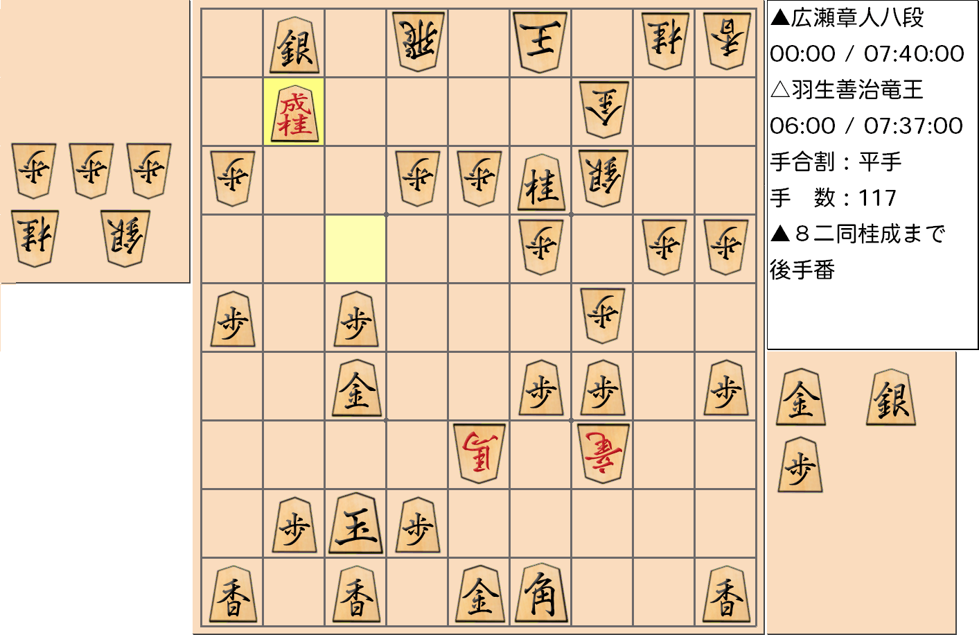 【将棋】第31期竜王戦七番勝負 第２局 羽生善治 竜王 対 広瀬章人 八段の対局で117手指した局面