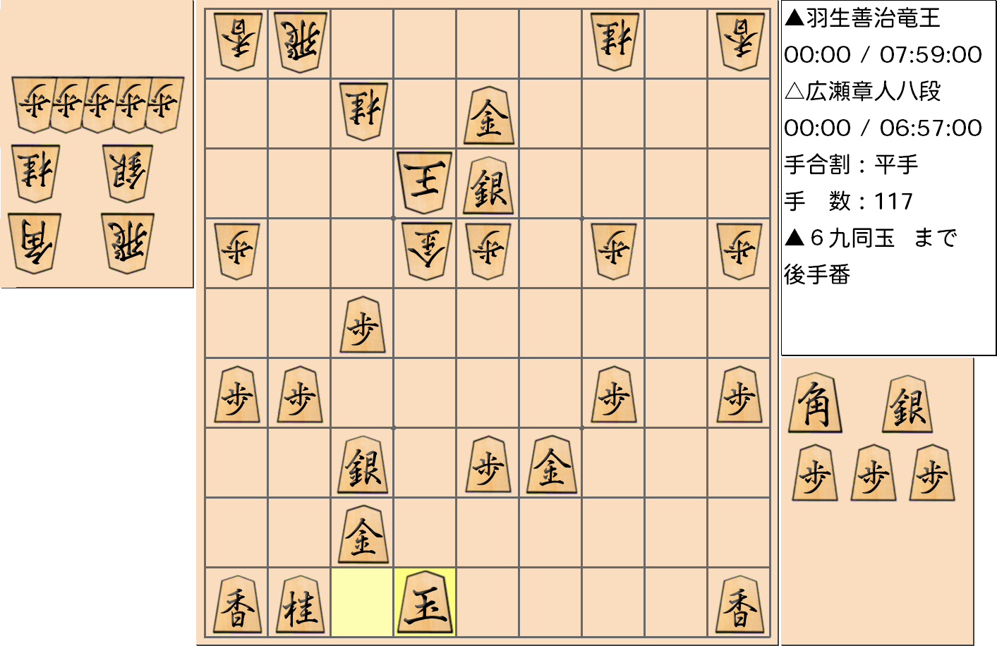 【将棋】第31期竜王戦七番勝負 第３局 羽生善治 竜王 対 広瀬章人 八段の対局で117手指した局面