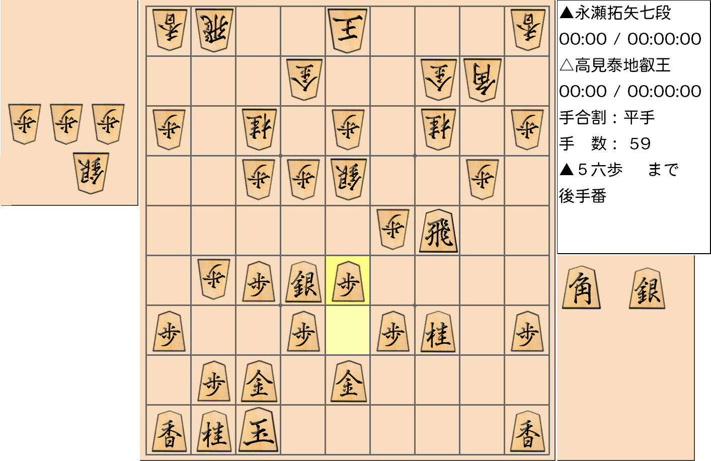 【将棋】第4期叡王戦七番勝負 第１局 高見泰地 叡王 対 永瀬拓矢 七段の対局で59手指した局面