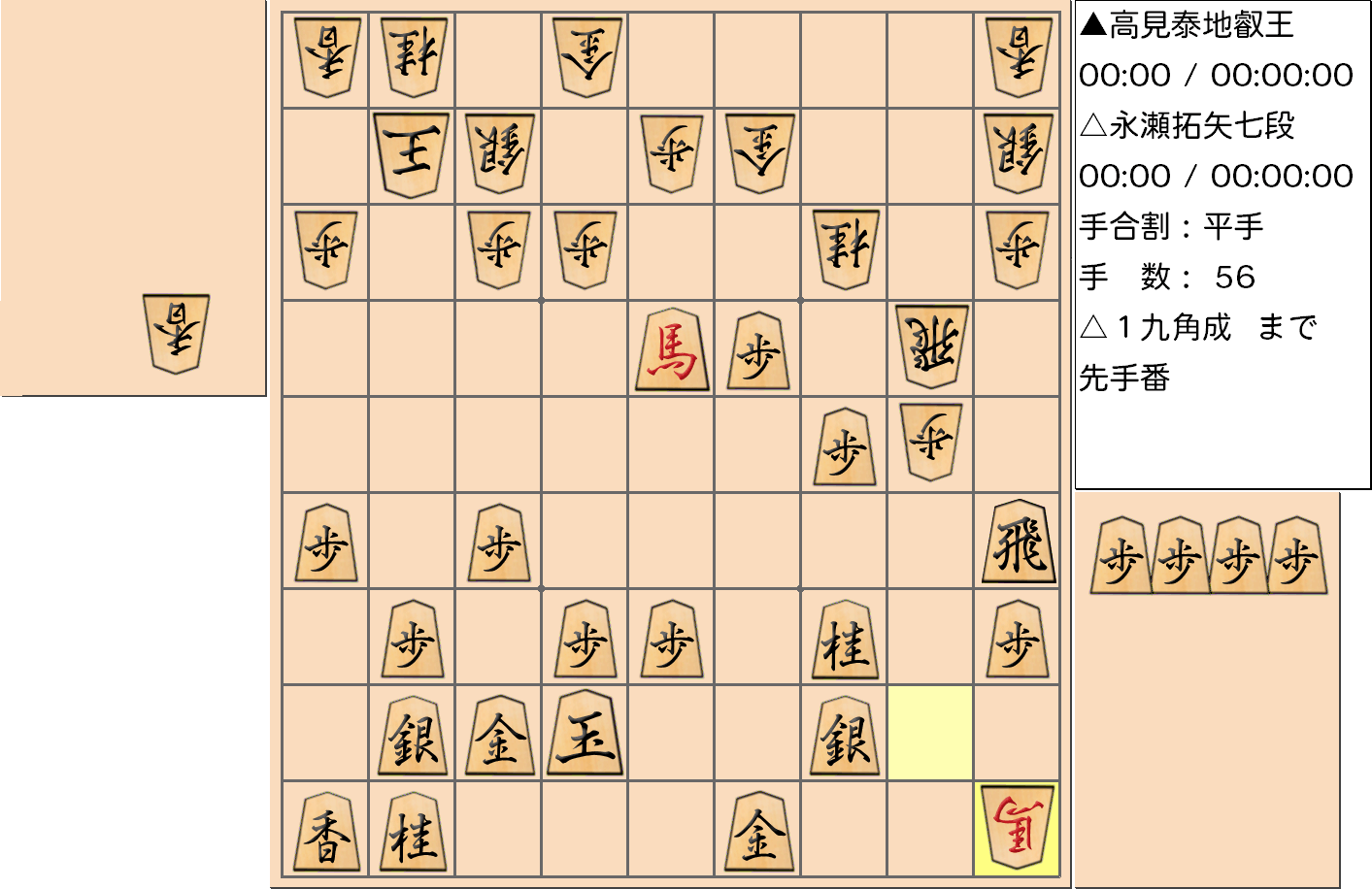 【将棋】第4期叡王戦七番勝負 第２局 高見泰地 叡王 対 永瀬拓矢 七段の対局で56手指した局面