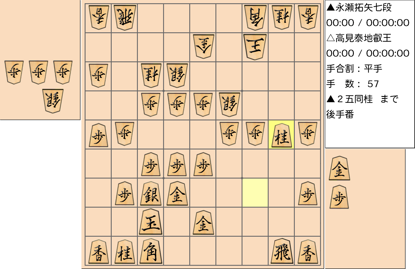 【将棋】第4期叡王戦七番勝負 第３局 高見泰地 叡王 対 永瀬拓矢 七段の対局で57手指した局面