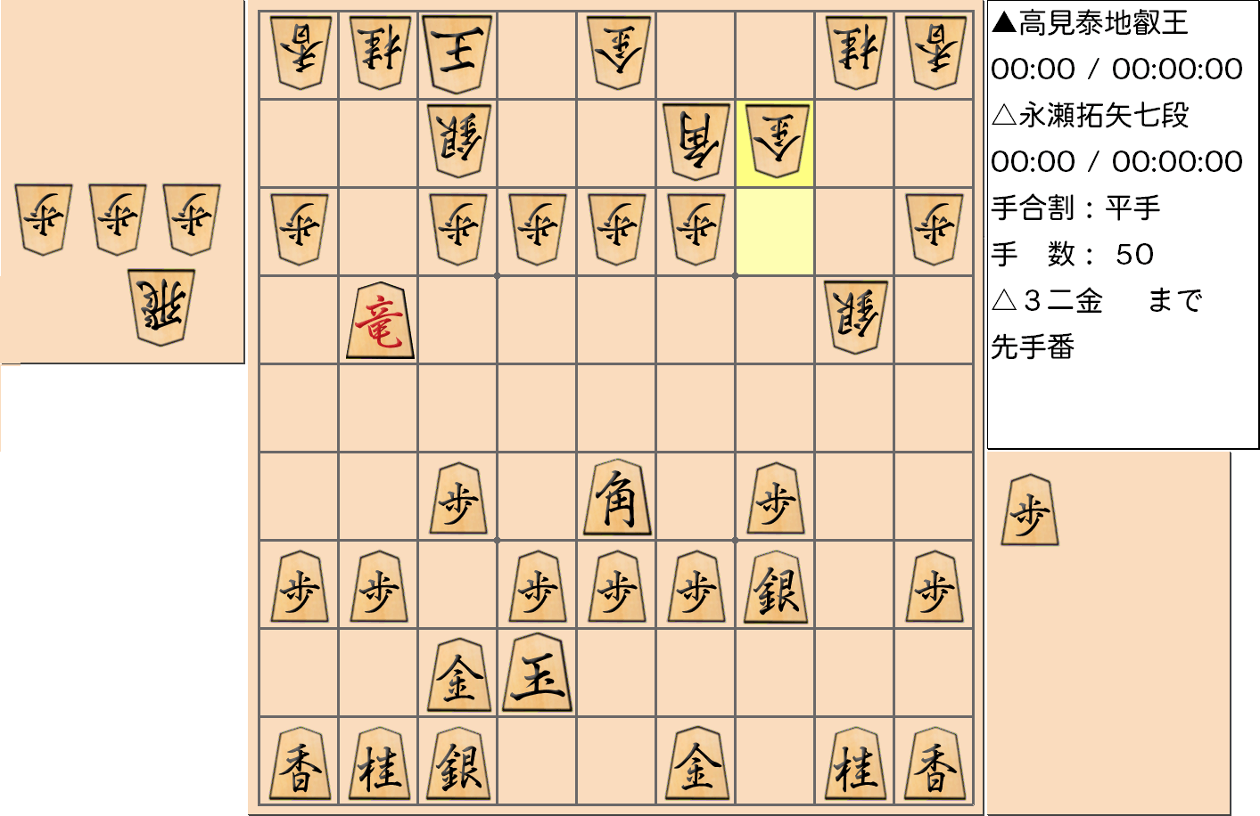 【将棋】第4期叡王戦七番勝負 第４局 高見泰地 叡王 対 永瀬拓矢 七段の対局で50手指した局面