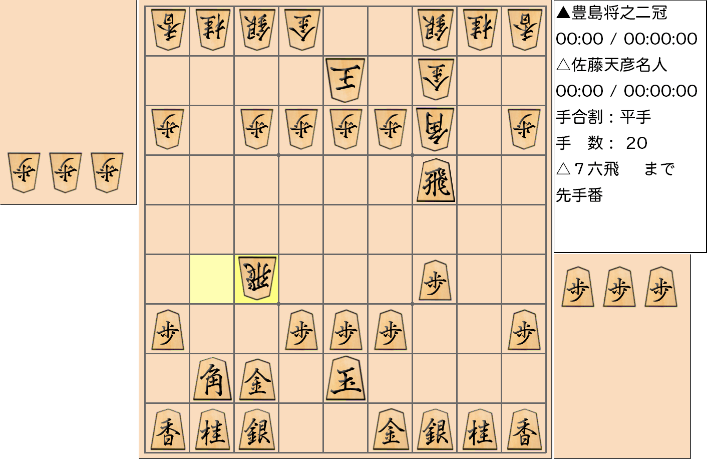 【将棋】第77期名人戦七番勝負 第１局 佐藤天彦 名人 対 豊島将之 二冠の対局で20手指した局面
