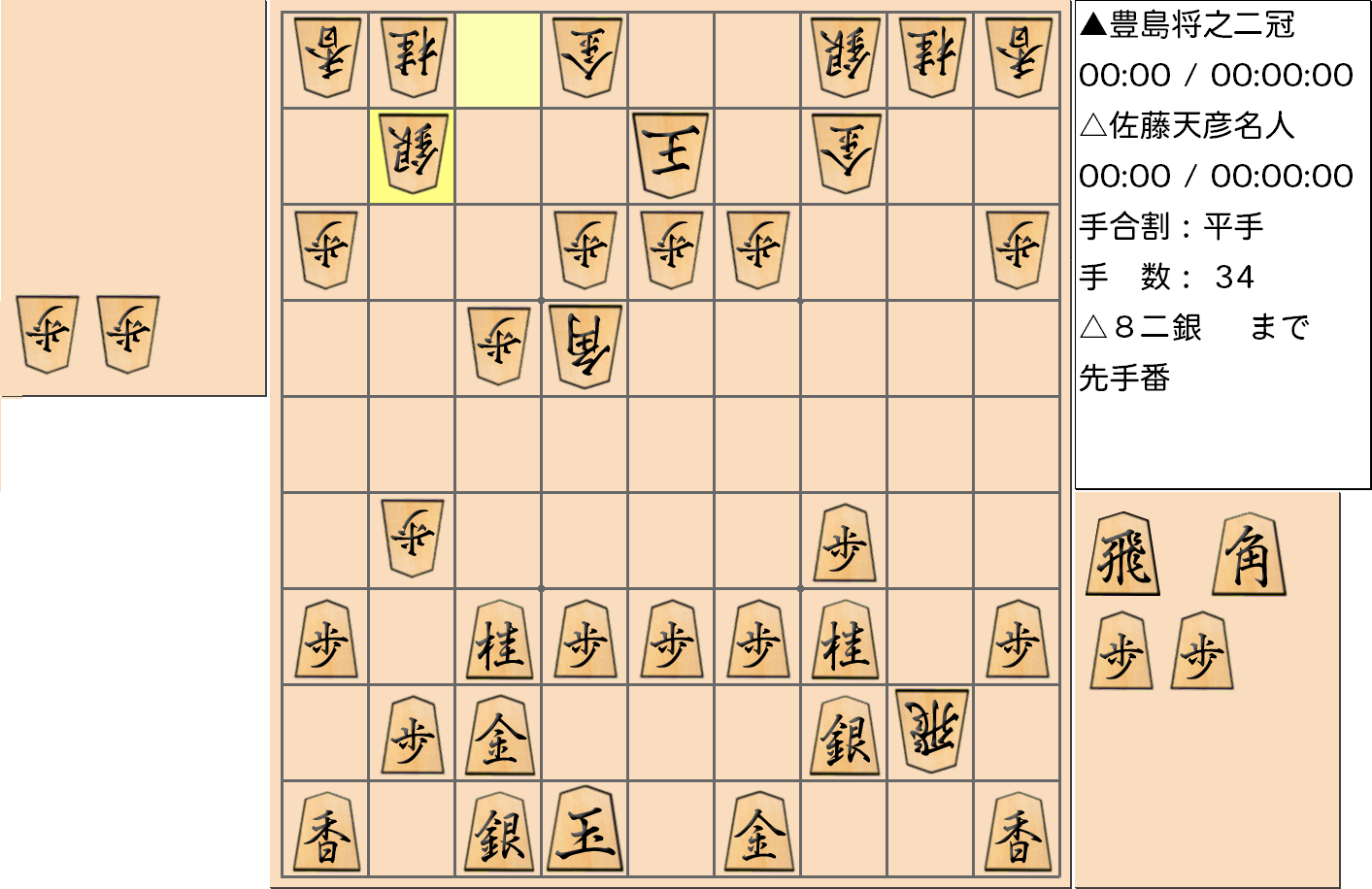 【将棋】第77期名人戦七番勝負 第１局 佐藤天彦 名人 対 豊島将之 二冠の対局で34手指した局面
