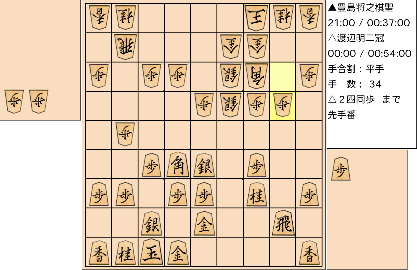 【将棋】第90期棋聖戦五番勝負 第４局 豊島将之 棋聖 対 渡辺明 二冠の対局で34手指した局面