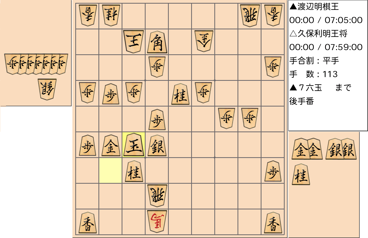 【将棋】第68期王将戦七番勝負 第１局 久保利明 王将 対 渡辺明 棋王の対局で113手指した局面