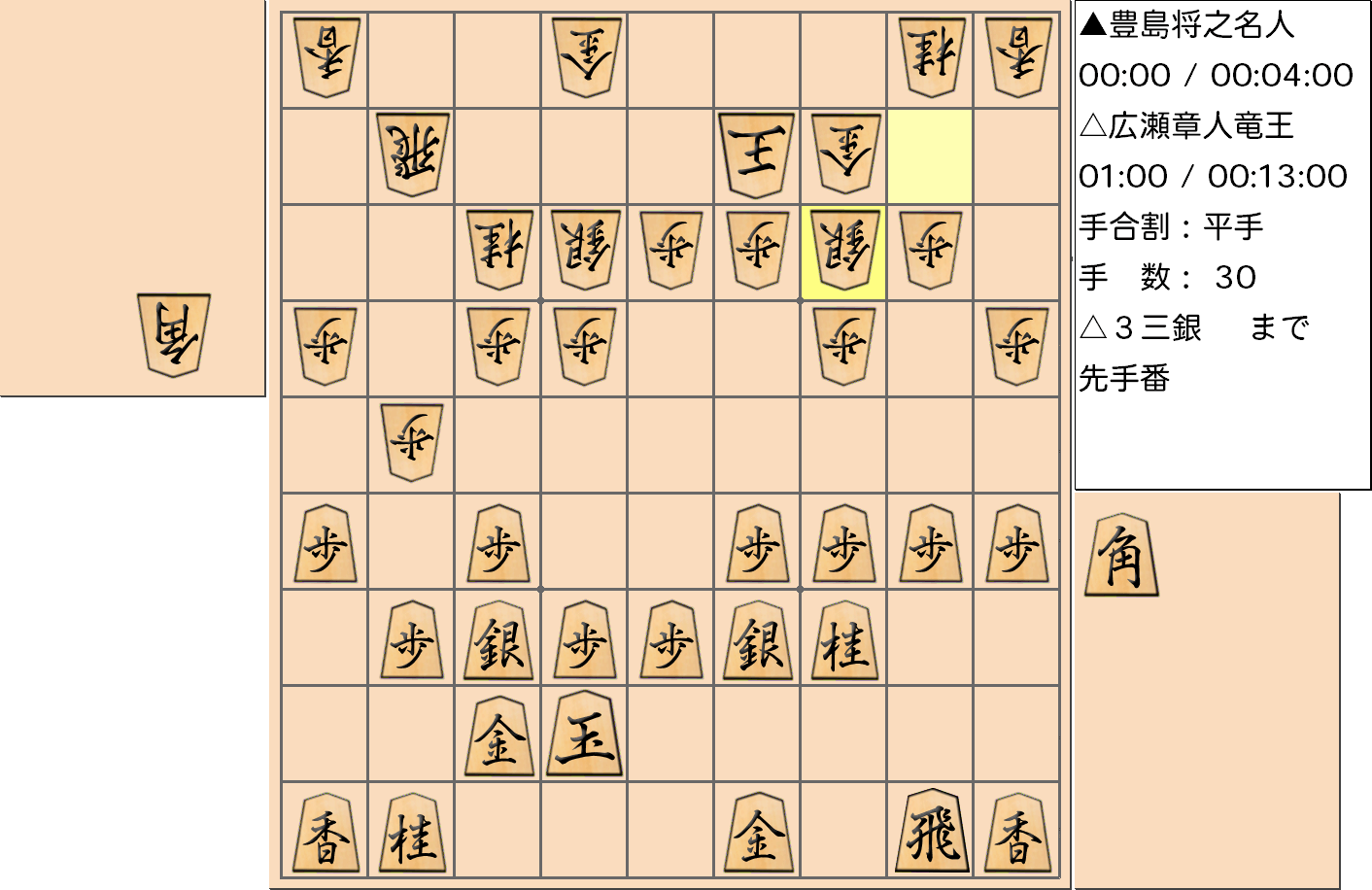 【将棋】第32期竜王戦七番勝負 第3局 広瀬章人 竜王 対 豊島将之 名人の対局で30手指した局面