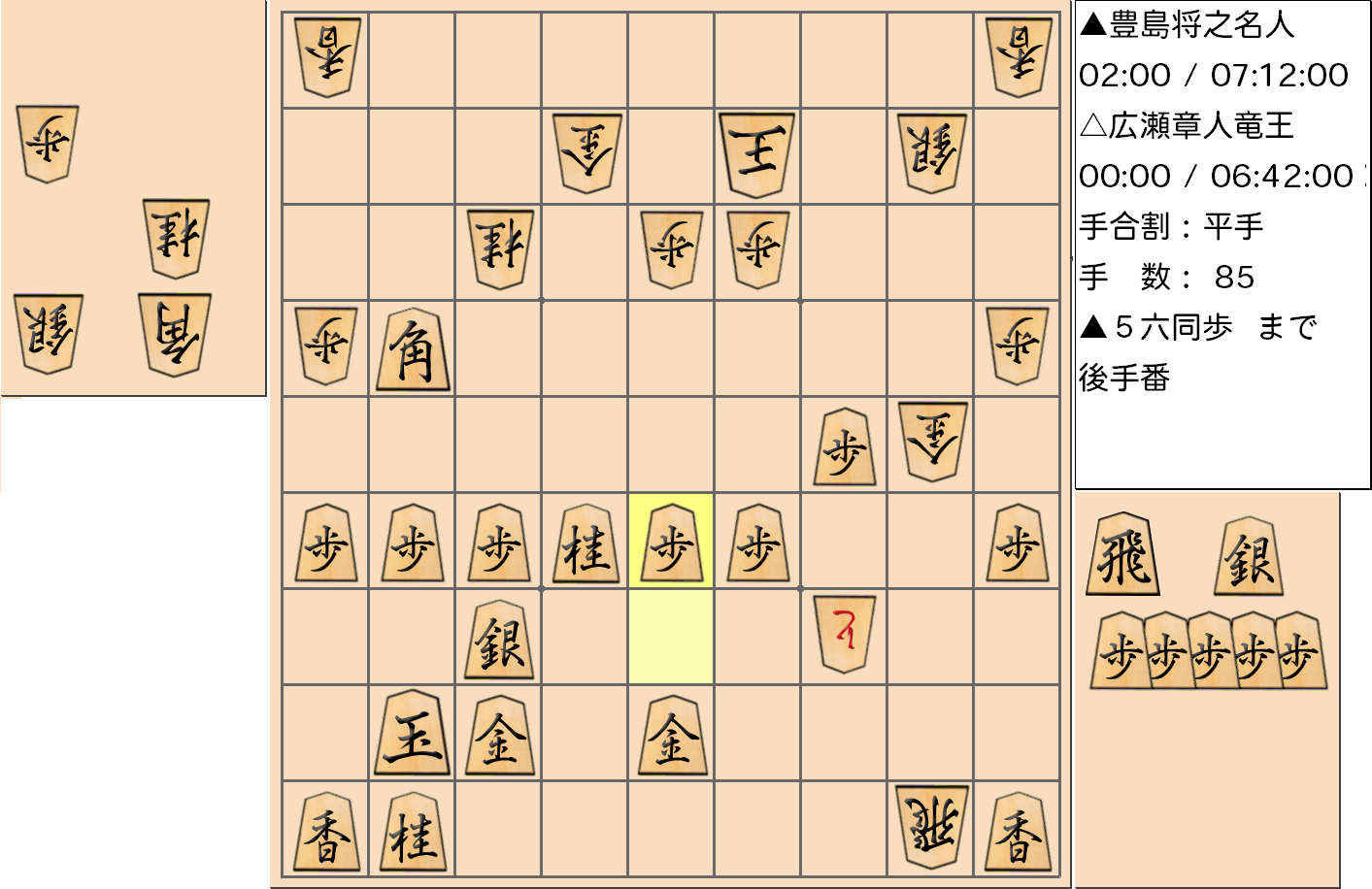【将棋】第32期竜王戦七番勝負 第５局 広瀬章人 竜王 対 豊島将之 名人の対局で85手指した局面