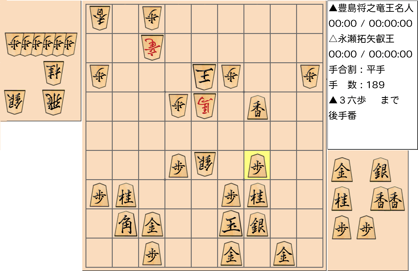 【将棋】第5期叡王戦七番勝負 第４局 永瀬拓矢 叡王 対 豊島将之 竜王・名人の対局で189手指した局面