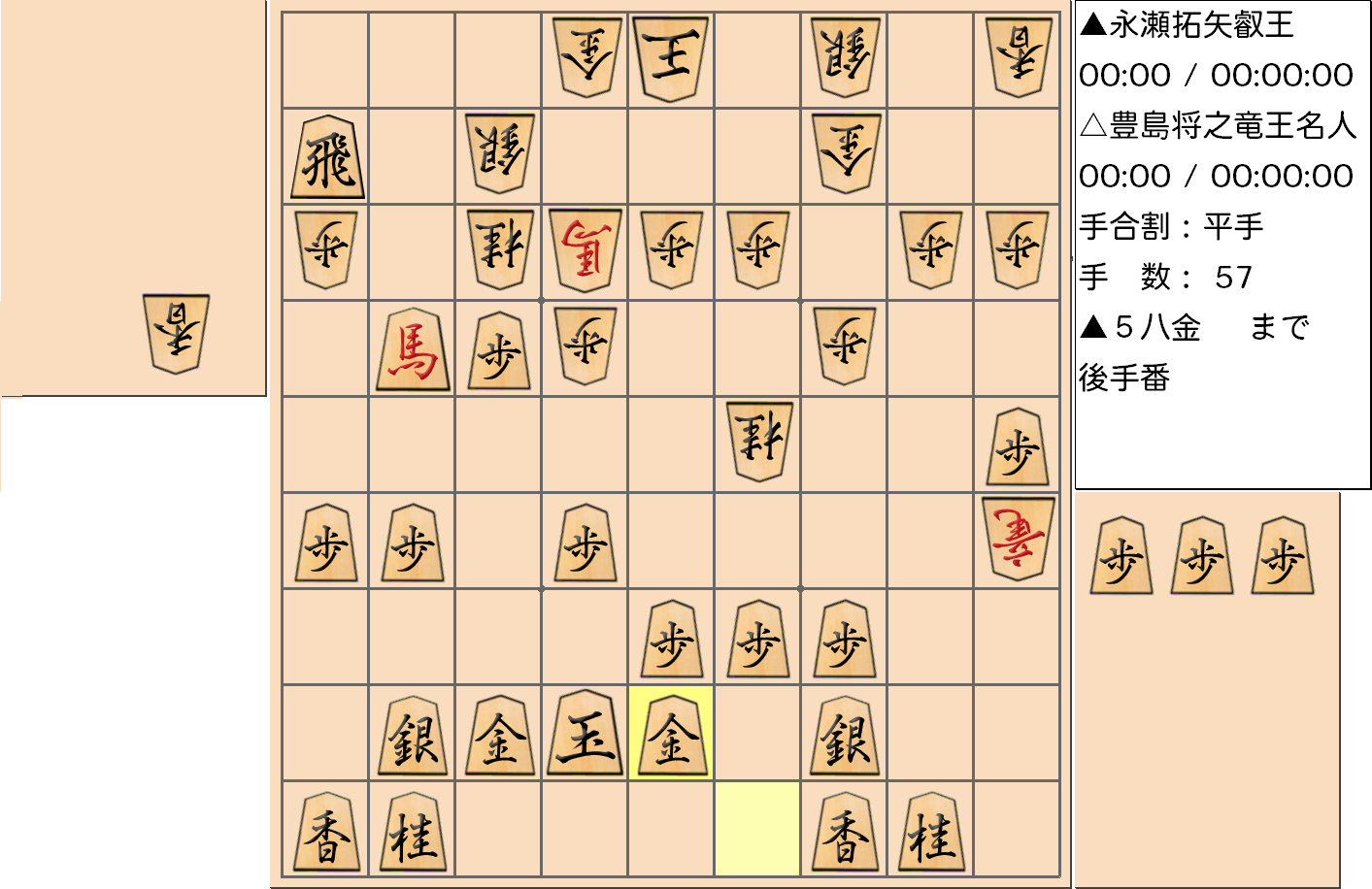 【将棋】第5期叡王戦七番勝負 第７局 永瀬拓矢 叡王 対 豊島将之 竜王・名人の対局で57手指した局面