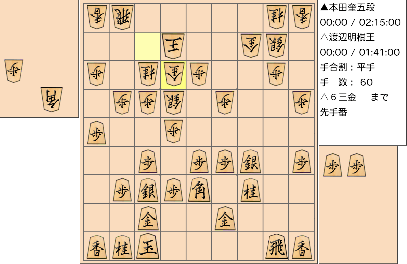 【将棋】第45期棋王戦五番勝負 第２局 渡辺明 棋王 対 本田奎 五段の対局で60手指した局面