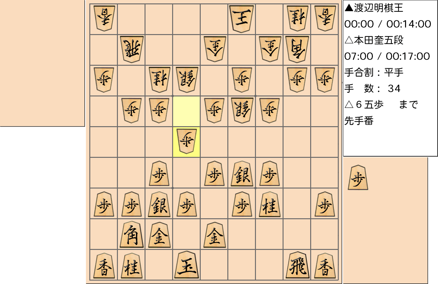 【将棋】第45期棋王戦五番勝負 第３局 渡辺明 棋王 対 本田奎 五段の対局で34手指した局面