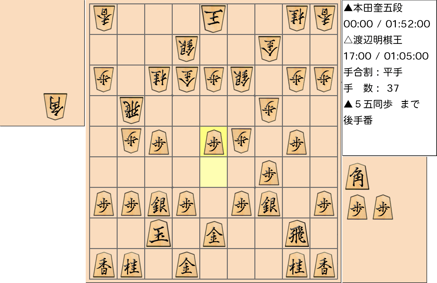 【将棋】第45期棋王戦五番勝負 第４局 渡辺明 棋王 対 本田奎 五段の対局で37手指した局面