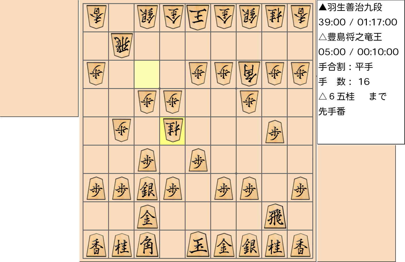 【将棋】第33期竜王戦七番勝負 第１局 豊島将之 竜王 対 羽生善治 九段の対局で16手指した局面