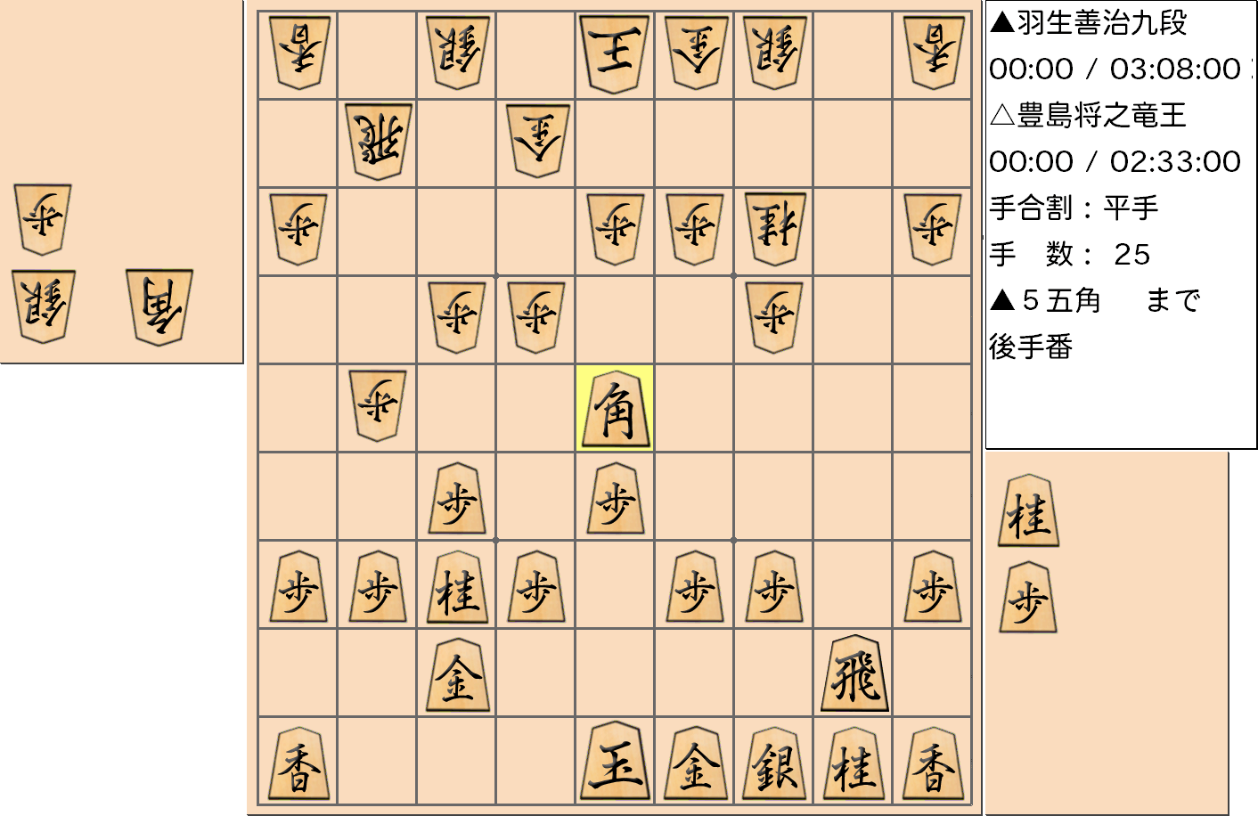 【将棋】第33期竜王戦七番勝負 第１局 豊島将之 竜王 対 羽生善治 九段の対局で25手指した局面