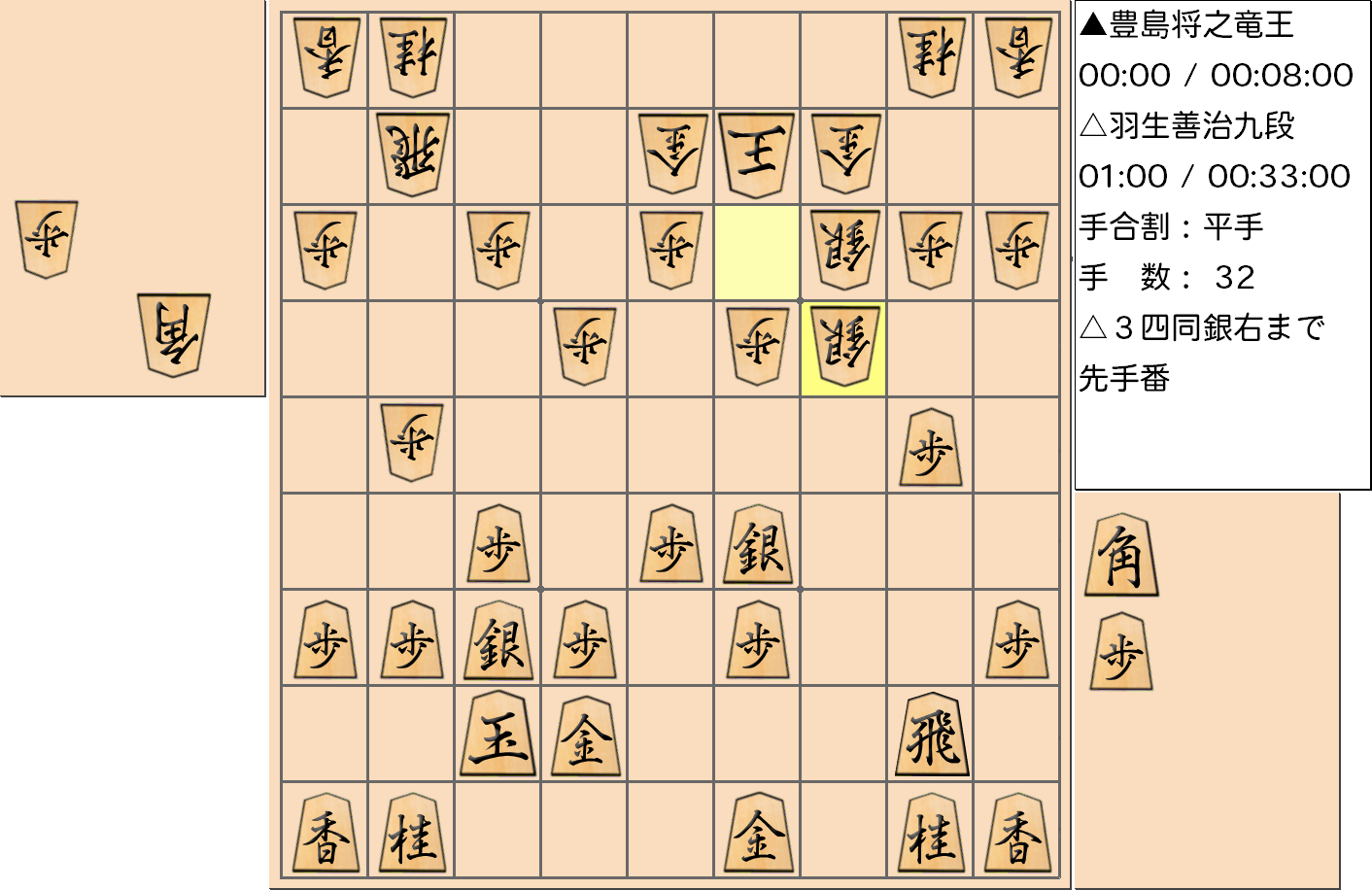 【将棋】第33期竜王戦七番勝負 第２局 豊島将之 竜王 対 羽生善治 九段の対局で32手指した局面