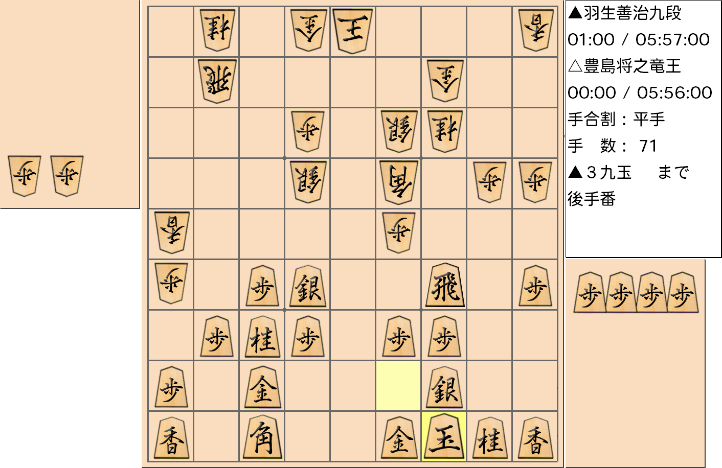 【将棋】第33期竜王戦七番勝負 第３局 豊島将之 竜王 対 羽生善治 九段の対局で71手指した局面