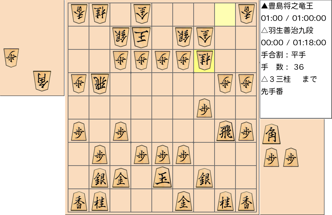 【将棋】第33期竜王戦七番勝負 第４局 豊島将之 竜王 対 羽生善治 九段の対局で36手指した局面